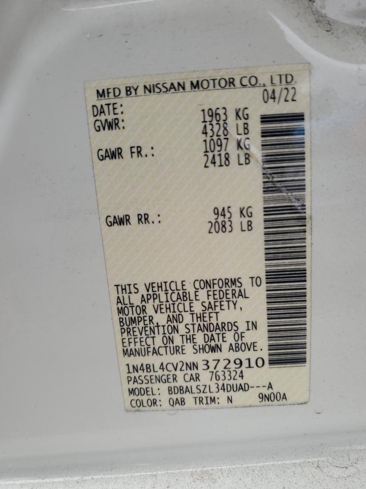 2022 NISSAN ALTIMA SR VIN:1N4BL4CV2NN372910