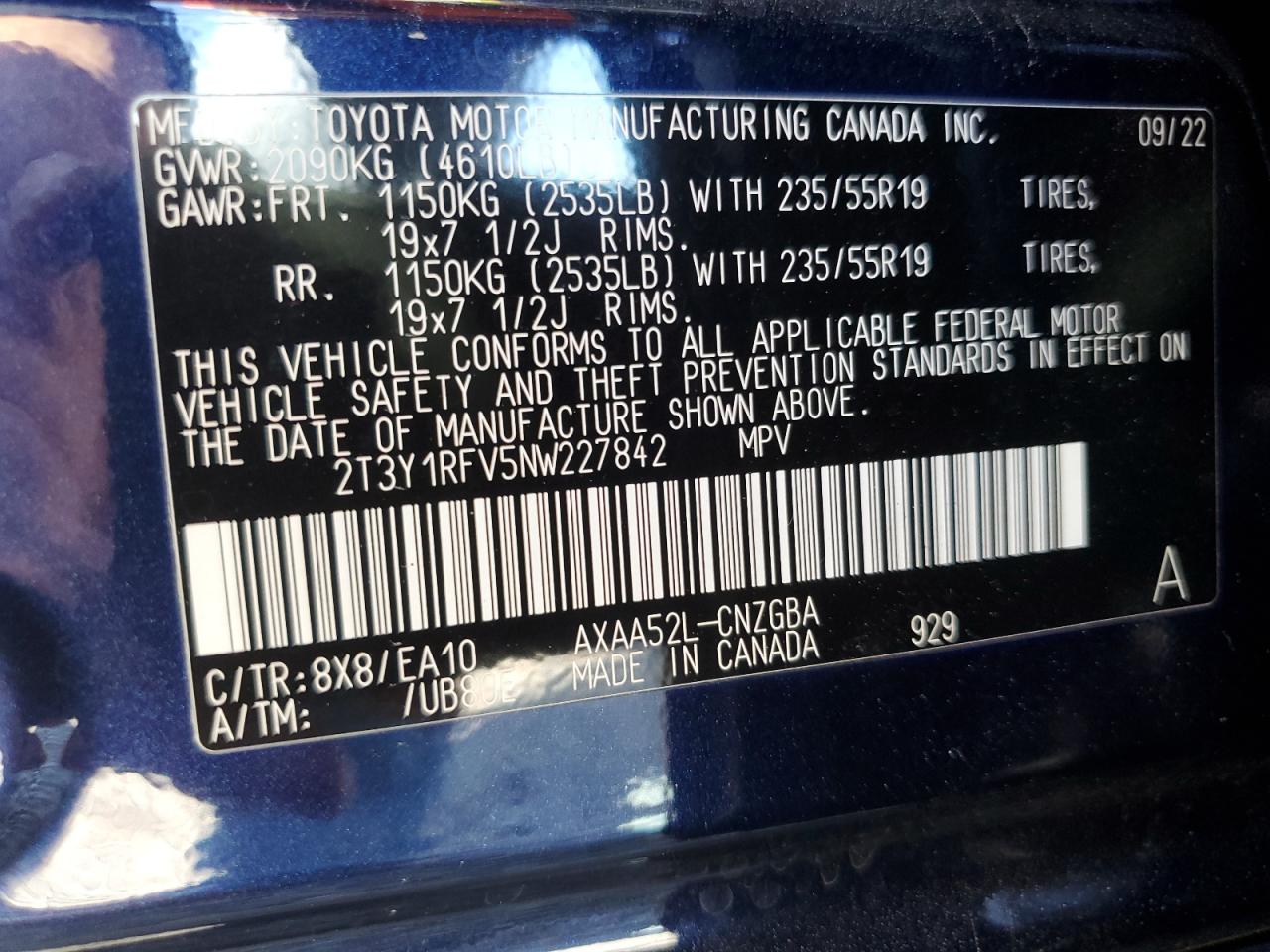 2022 TOYOTA RAV4 LIMITED VIN:2T3Y1RFV5NW227842