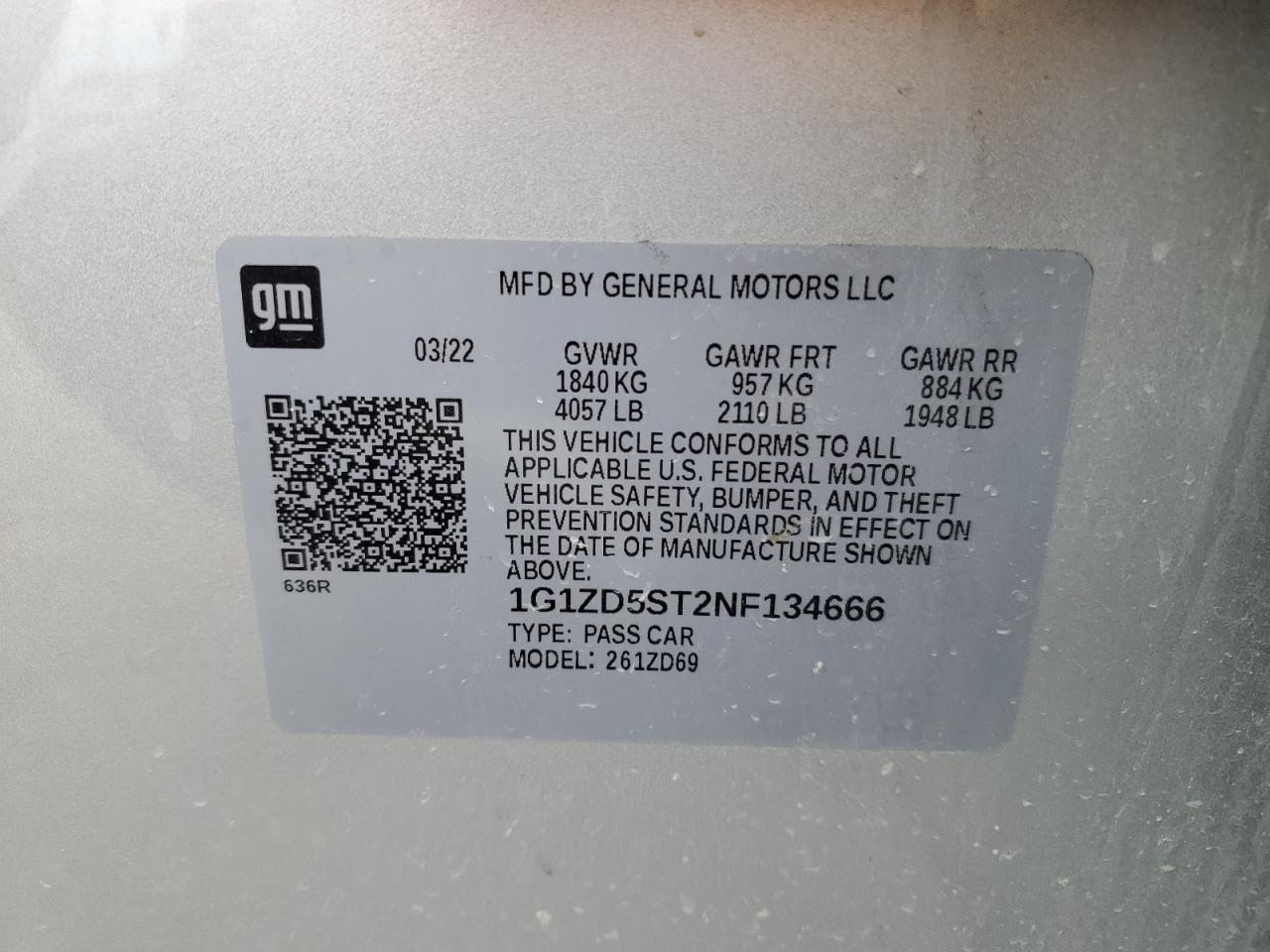 2022 CHEVROLET MALIBU LT VIN:1G1ZD5ST2NF134666