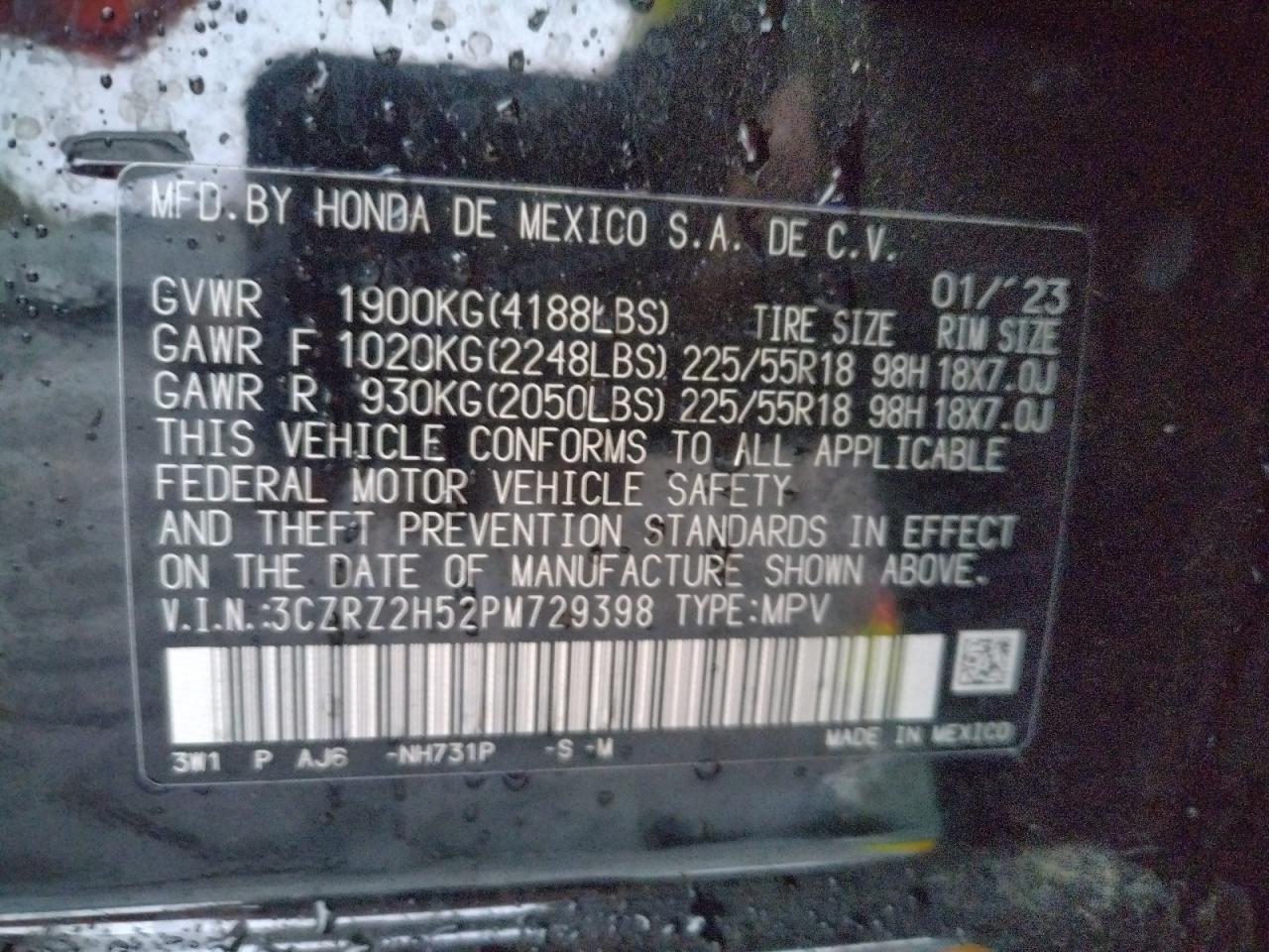 2023 HONDA HR-V SPORT VIN:3CZRZ2H52PM729398