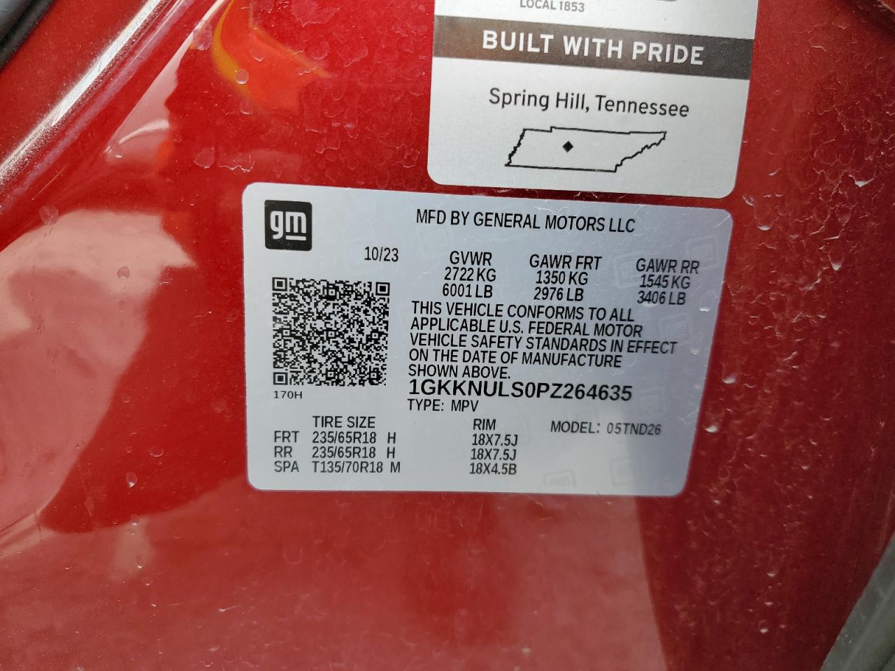 2023 GMC ACADIA SLT VIN:1GKKNULS0PZ264635