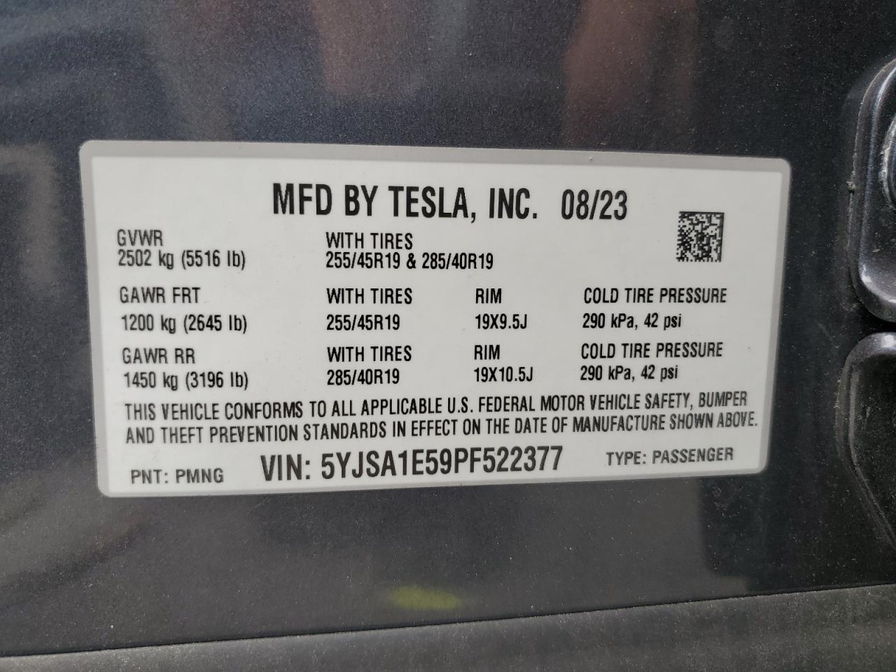 2023 TESLA MODEL S VIN:5YJSA1E59PF522377