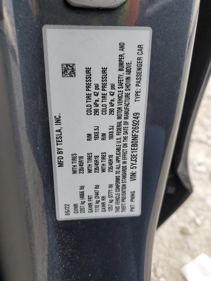 2022 TESLA MODEL 3 VIN:5YJ3E1EB0NF269249