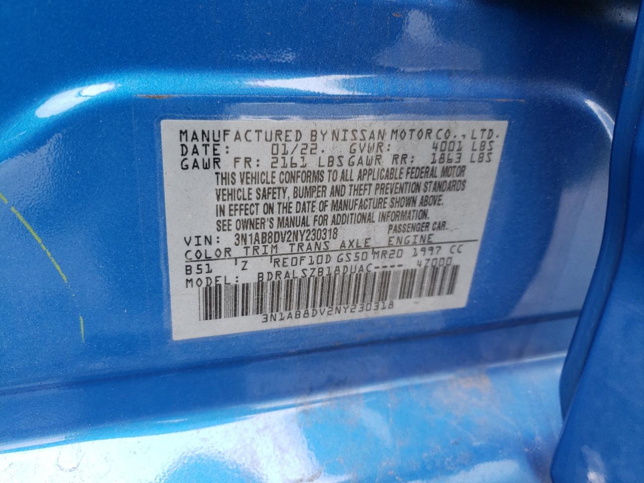 2022 NISSAN SENTRA SR VIN:3N1AB8DV2NY230318