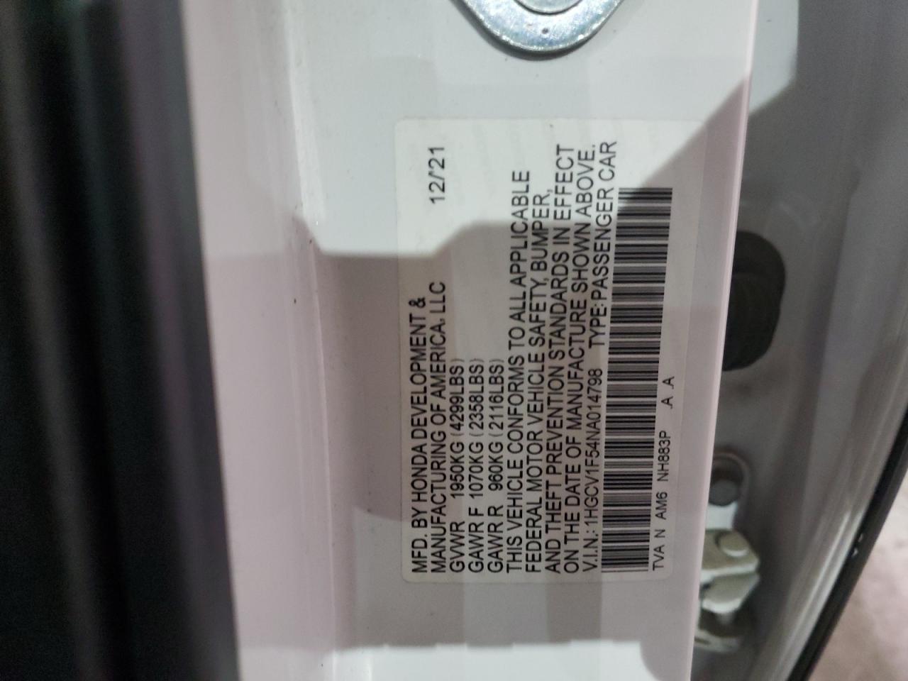 2022 HONDA ACCORD EXL VIN:1HGCV1F54NA014798