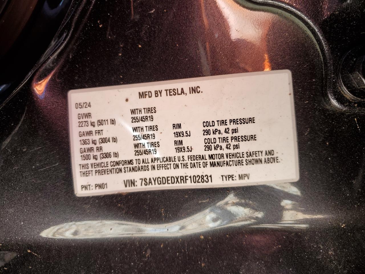 2024 TESLA MODEL Y VIN:7SAYGDEDXRF102831