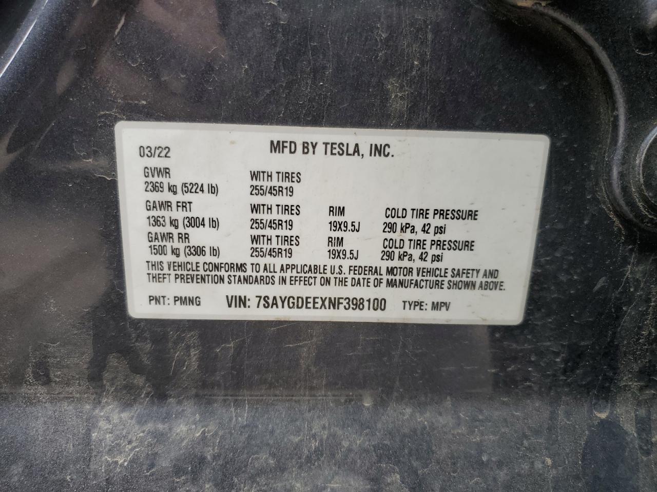 2022 TESLA MODEL Y VIN:7SAYGDEEXNF398100