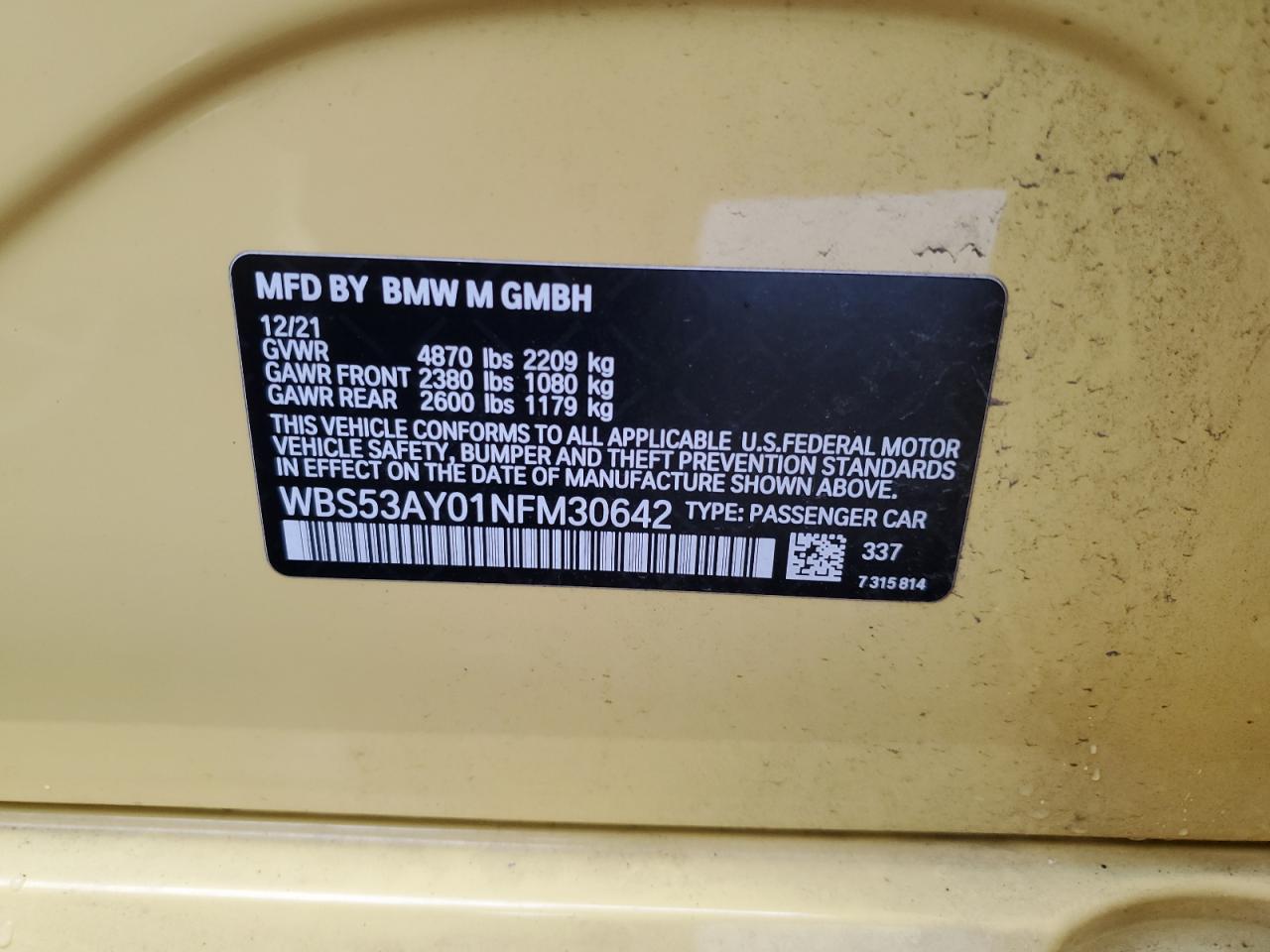 2022 BMW M3 VIN:WBS53AY01NFM30642