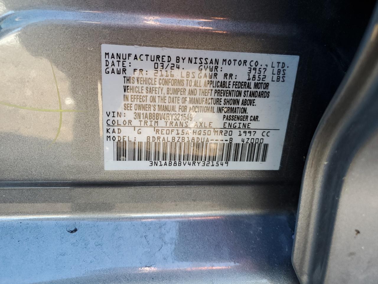 2024 NISSAN SENTRA S VIN:3N1AB8BV4RY321549