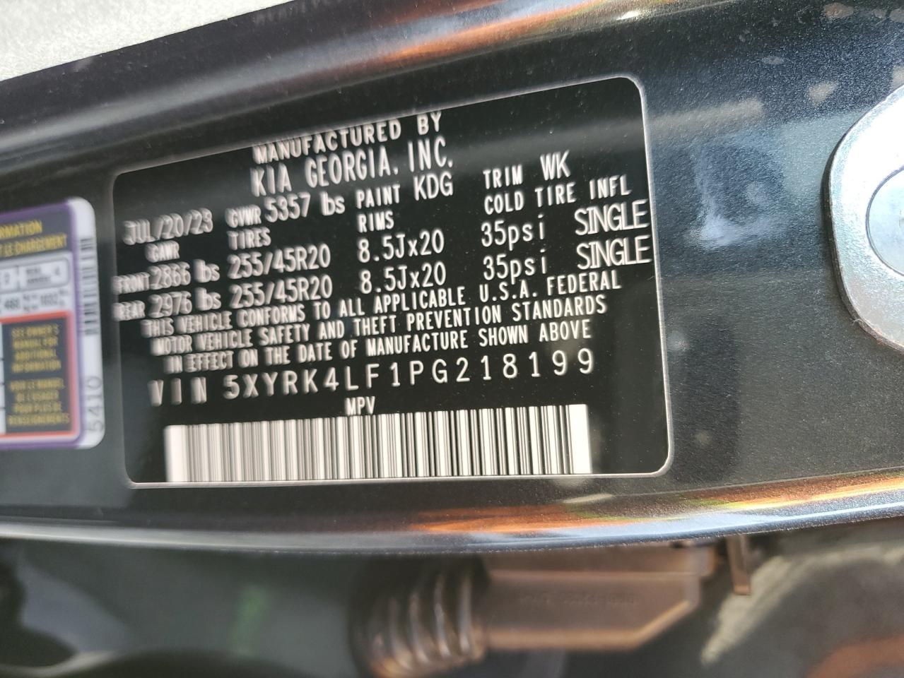 2023 KIA SORENTO SX VIN:5XYRK4LF1PG218199