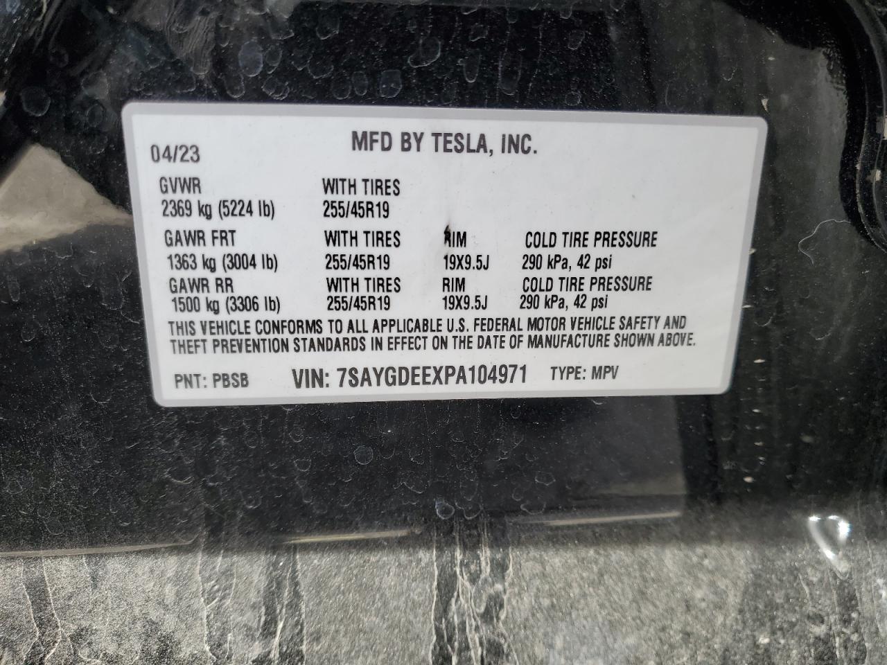 2023 TESLA MODEL Y VIN:7SAYGDEEXPA104971