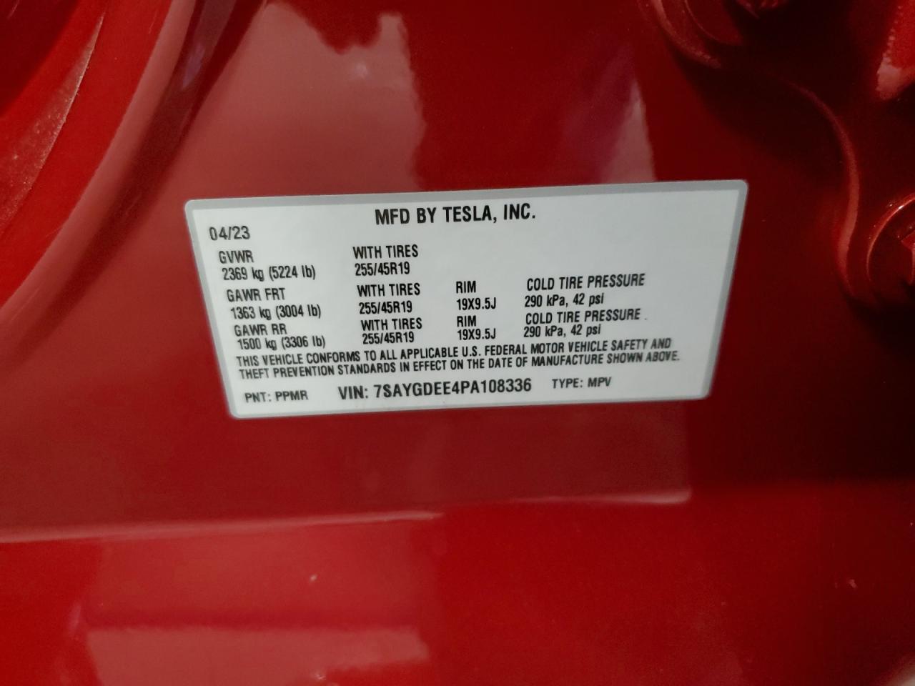2023 TESLA MODEL Y VIN:7SAYGDEE4PA108336