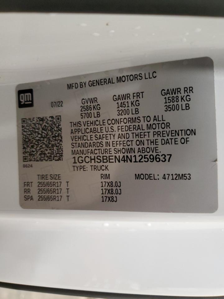 2022 CHEVROLET COLORADO VIN:1GCHSBEN4N1259637