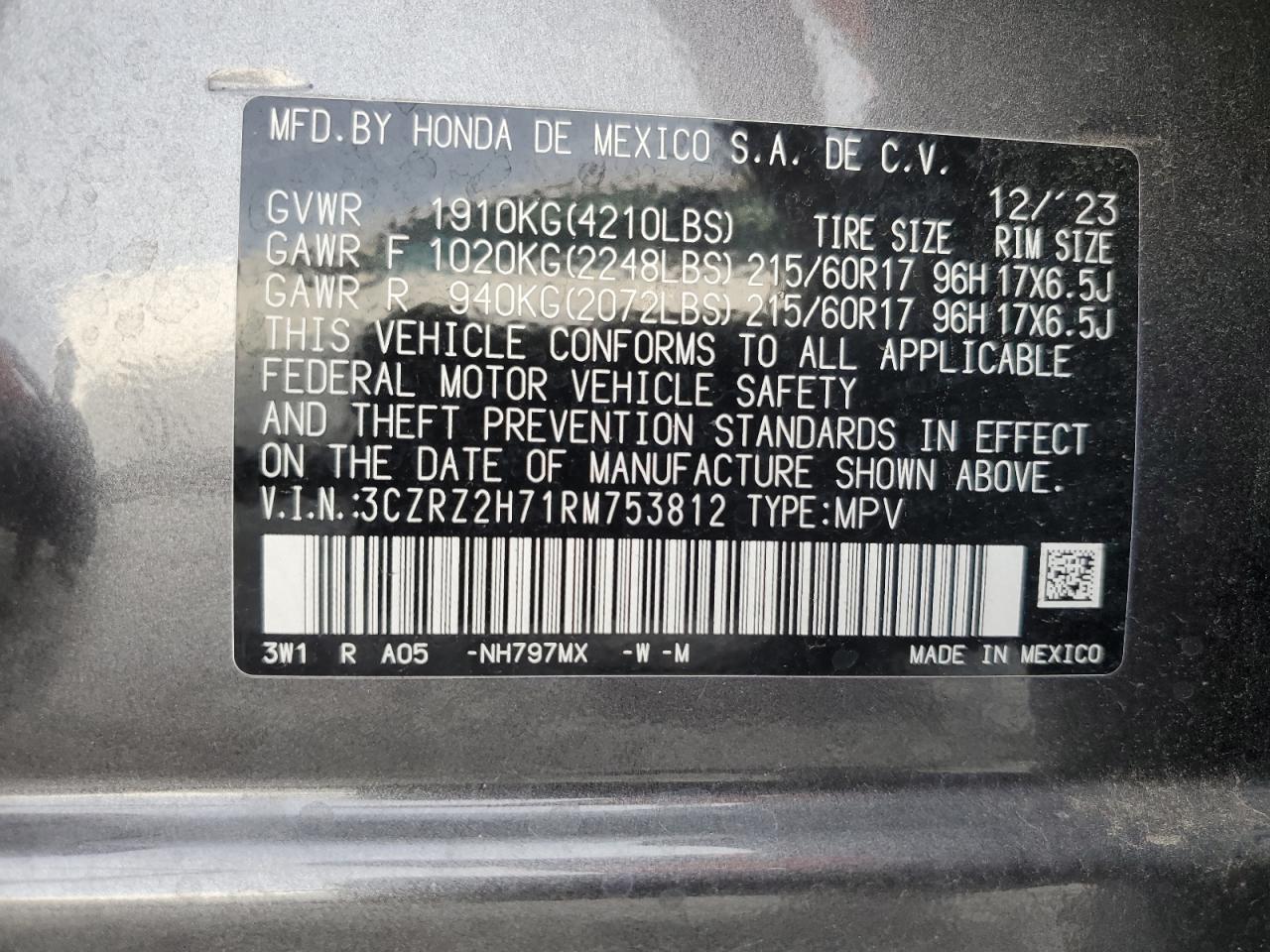 2024 HONDA HR-V EXL VIN:3CZRZ2H71RM753812