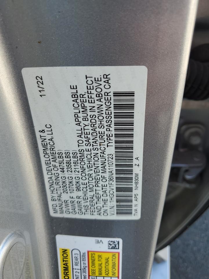 2022 HONDA ACCORD SPORT VIN:1HGCV1F36NA110723