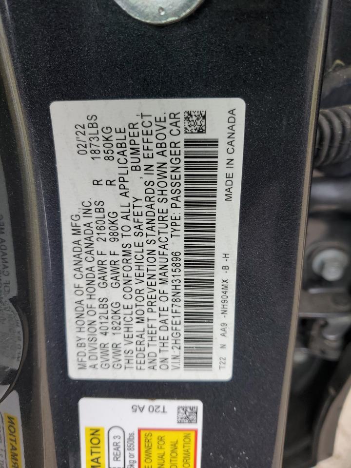 2022 HONDA CIVIC EX VIN:2HGFE1F78NH315896