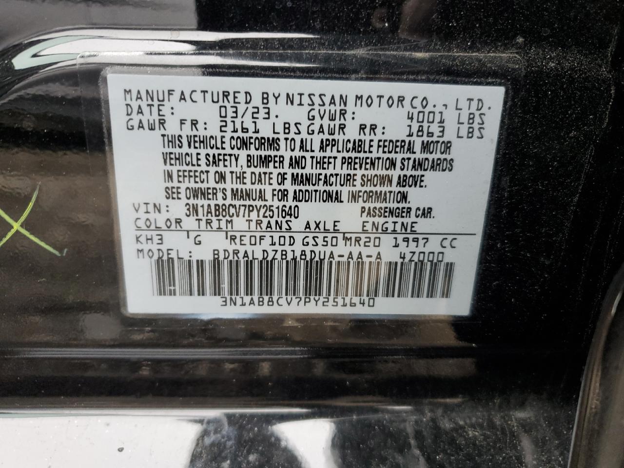 2023 NISSAN SENTRA SV VIN:3N1AB8CV7PY251640
