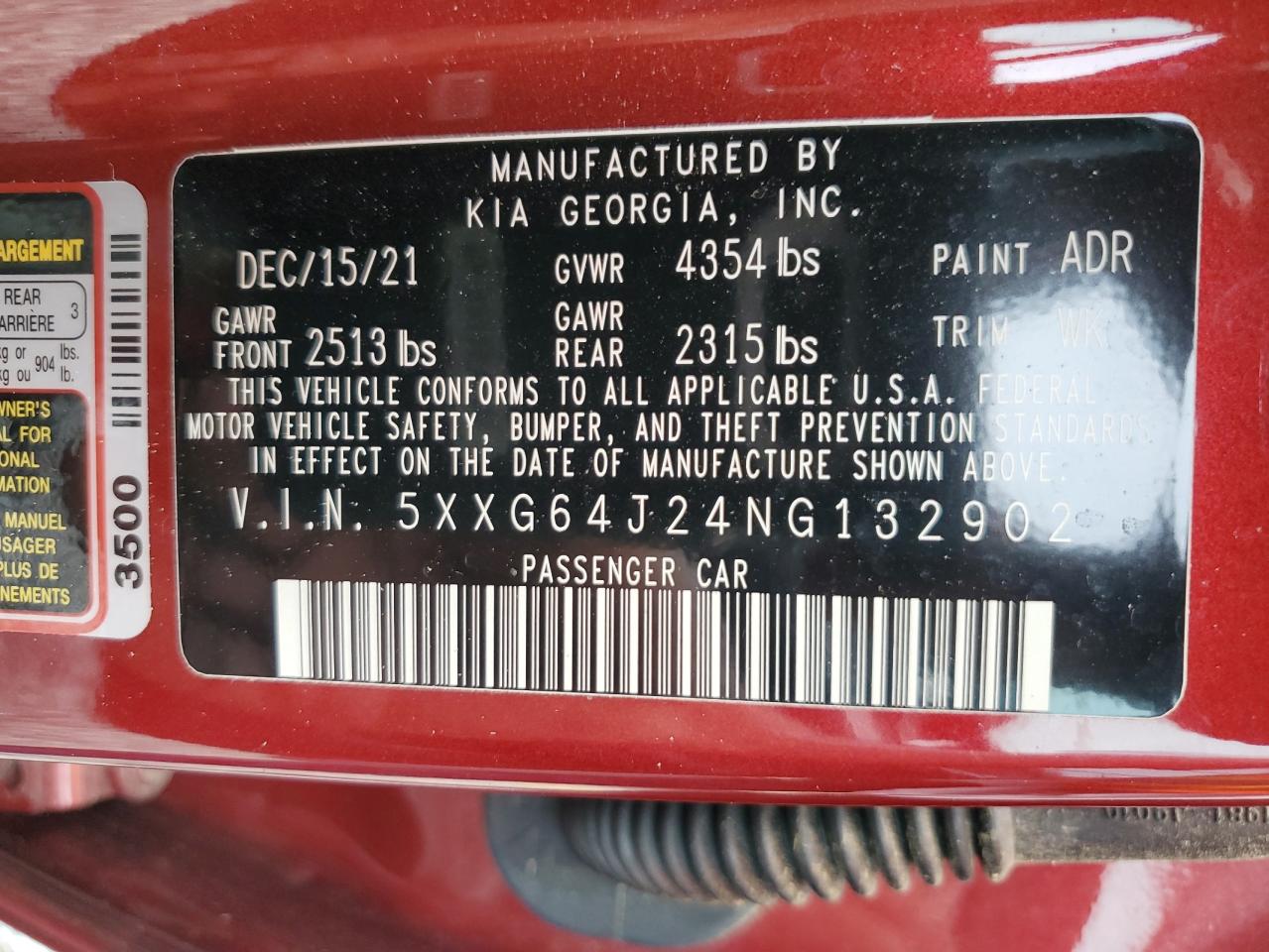 2022 KIA K5 GT LINE VIN:5XXG64J24NG132902