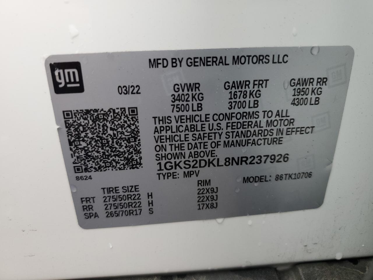 2022 GMC YUKON DENALI VIN:1GKS2DKL8NR237926