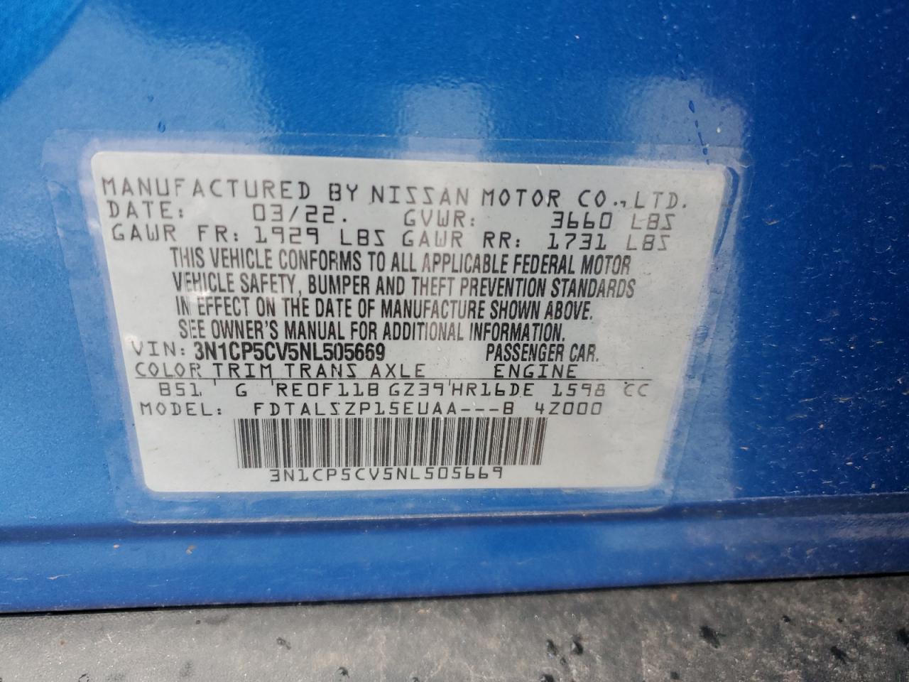 2022 NISSAN KICKS SV VIN:3N1CP5CV5NL505669