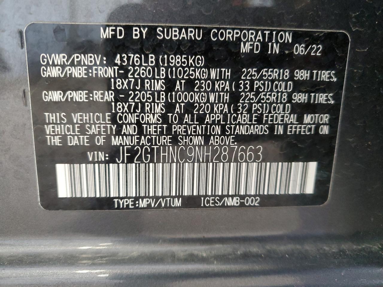 2022 SUBARU CROSSTREK LIMITED VIN:JF2GTHNC9NH287663