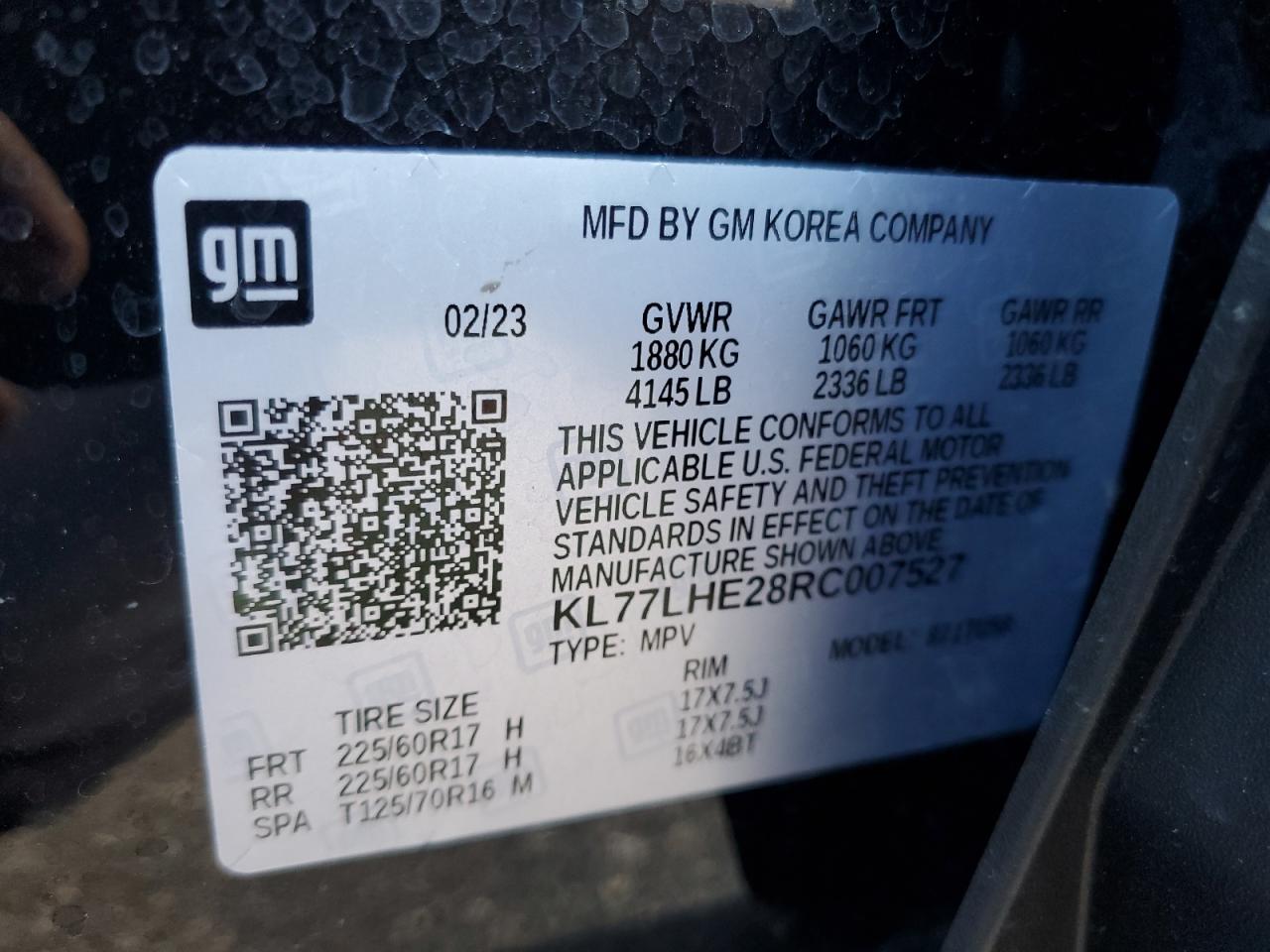 2024 CHEVROLET TRAX 1LT VIN:KL77LHE28RC007527