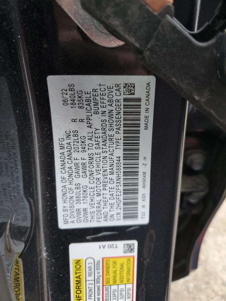 2022 HONDA CIVIC SPORT VIN:2HGFE2F5XNH588844