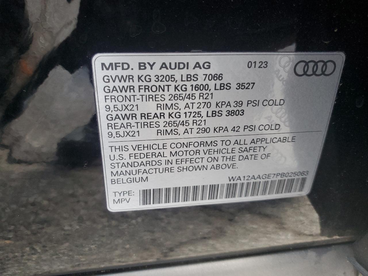 2023 AUDI E-TRON SPORTBACK PREMIUM PLUS VIN:WA12AAGE7PB025063