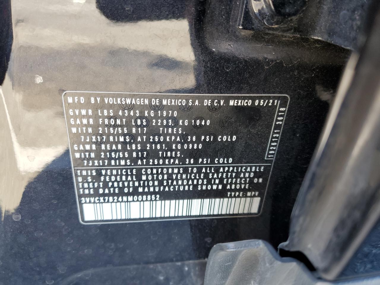 2022 VOLKSWAGEN TAOS S VIN:3VVCX7B24NM008852