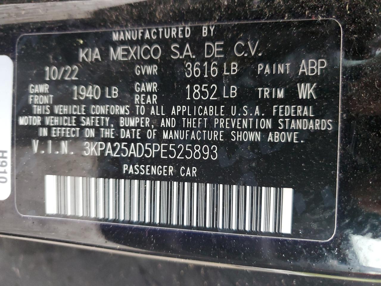 2023 KIA RIO S VIN:3KPA25AD5PE525893