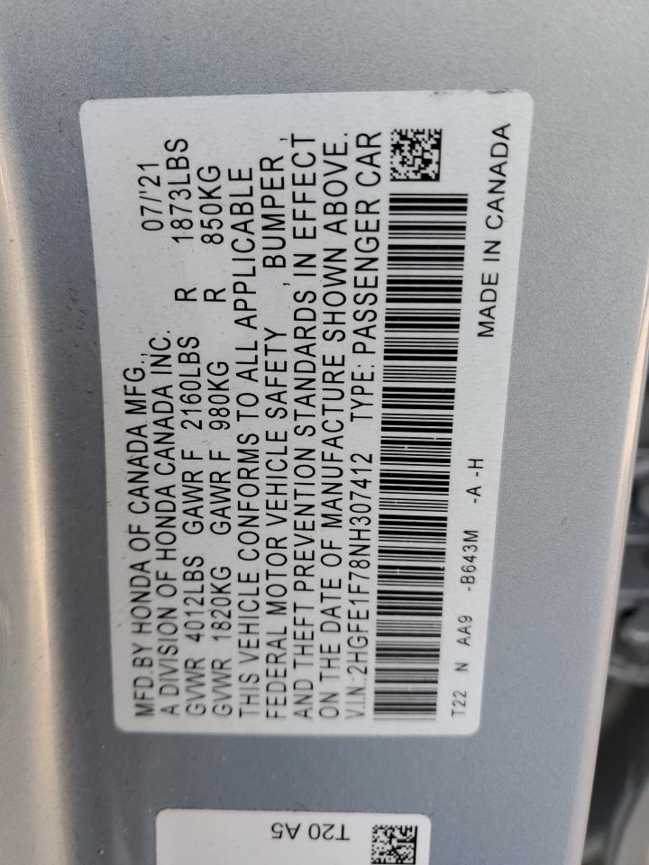 2022 HONDA CIVIC EX VIN:2HGFE1F78NH307412