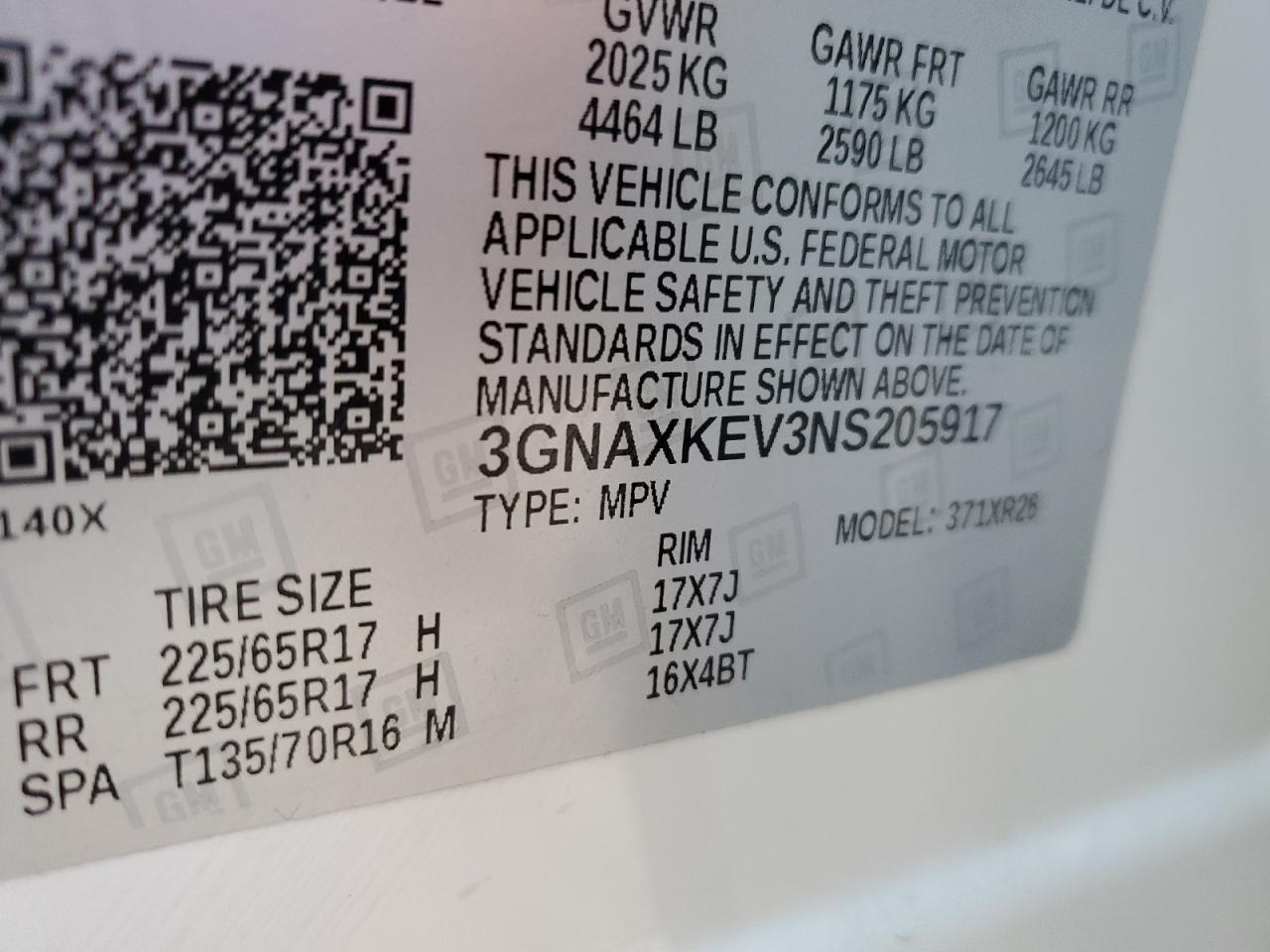 2022 CHEVROLET EQUINOX LT VIN:3GNAXKEV3NS205917