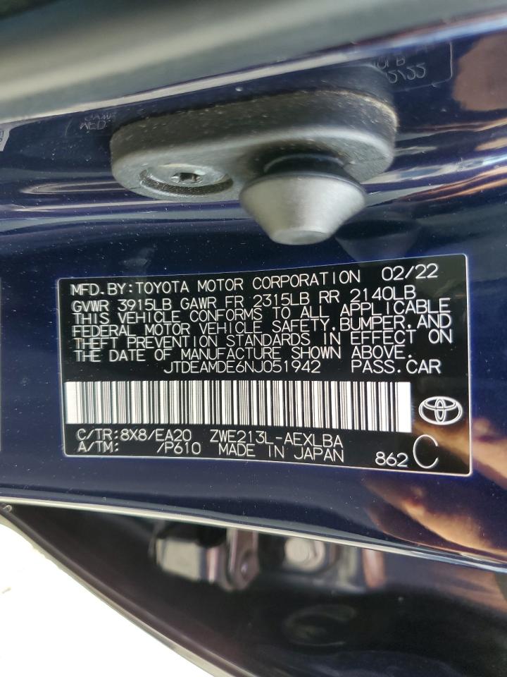 2022 TOYOTA COROLLA LE VIN:JTDEAMDE6NJ051942