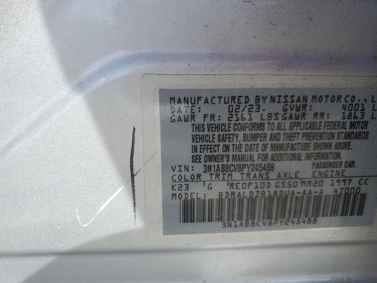 2023 NISSAN SENTRA SV VIN:3N1AB8CV8PY245488