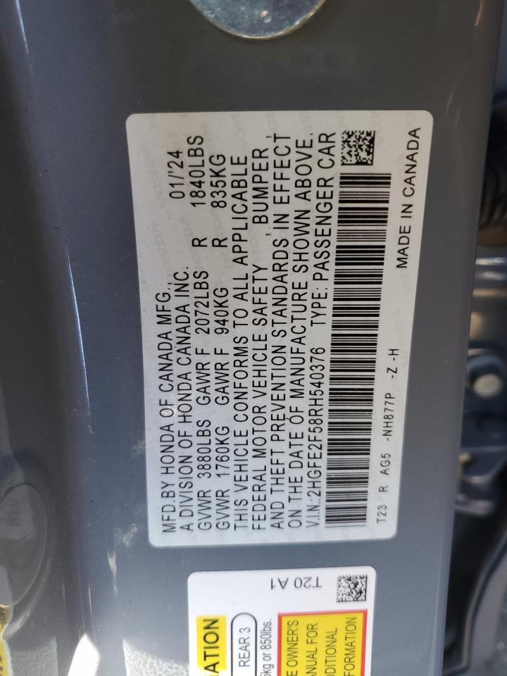 2024 HONDA CIVIC SPORT VIN:2HGFE2F58RH540376