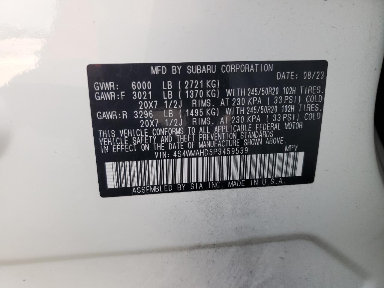 2023 SUBARU ASCENT PREMIUM VIN:4S4WMAHD5P3459539