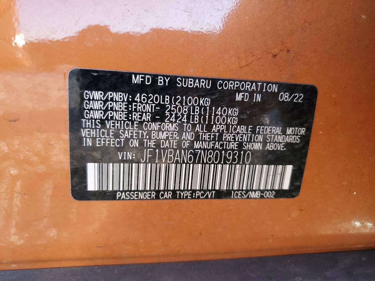 2022 SUBARU WRX LIMITED VIN:JF1VBAN67N8019310