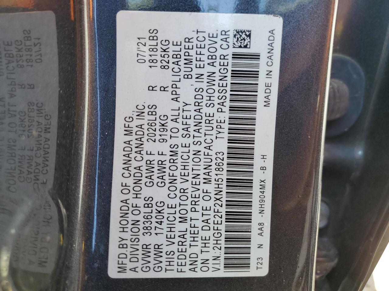 2022 HONDA CIVIC LX VIN:2HGFE2F2XNH518623