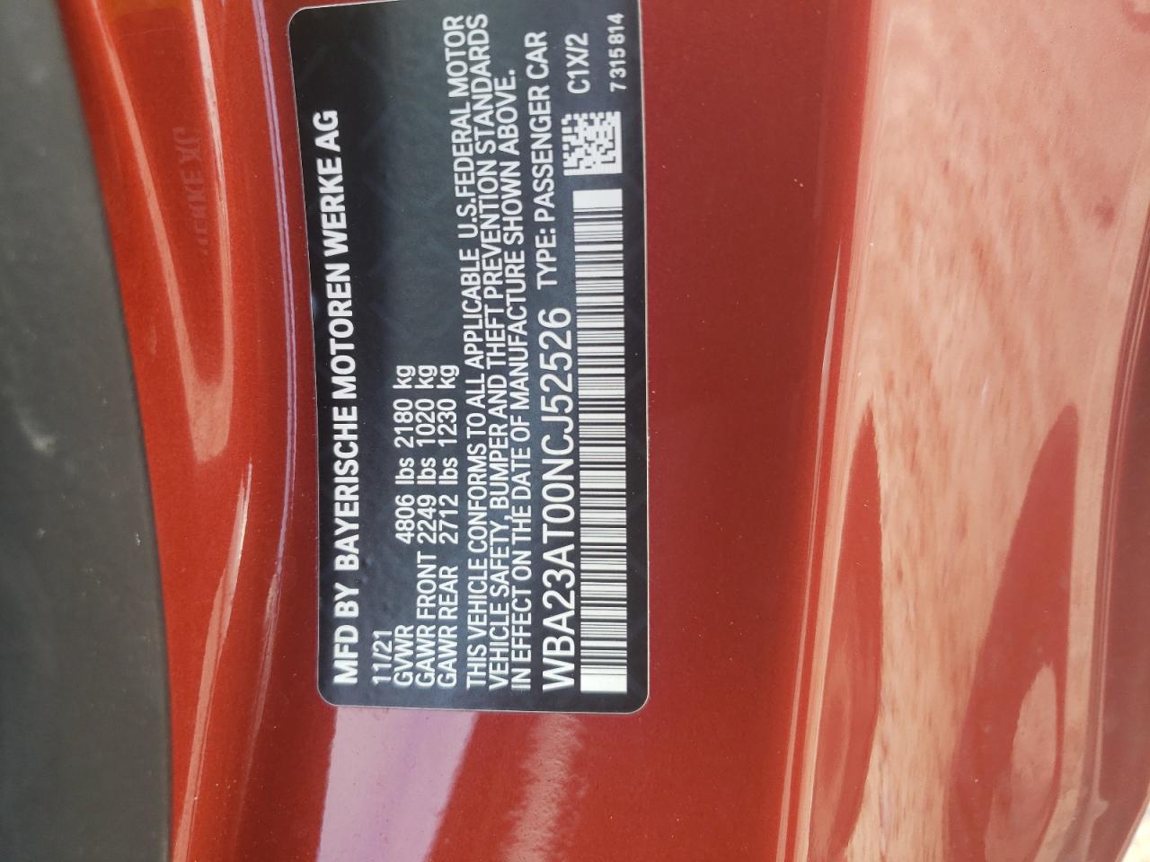 2022 BMW 430I VIN:WBA23AT00NCJ52526