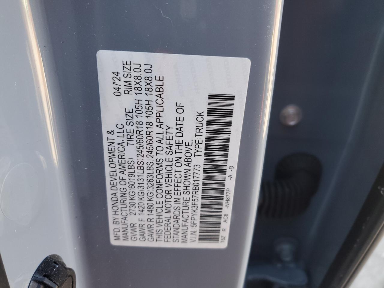 2024 HONDA RIDGELINE RTL VIN:5FPYK3F57RB017773