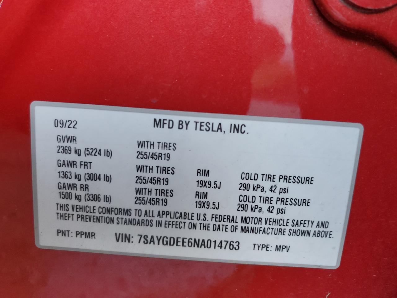 2022 TESLA MODEL Y VIN:7SAYGDEE6NA014763