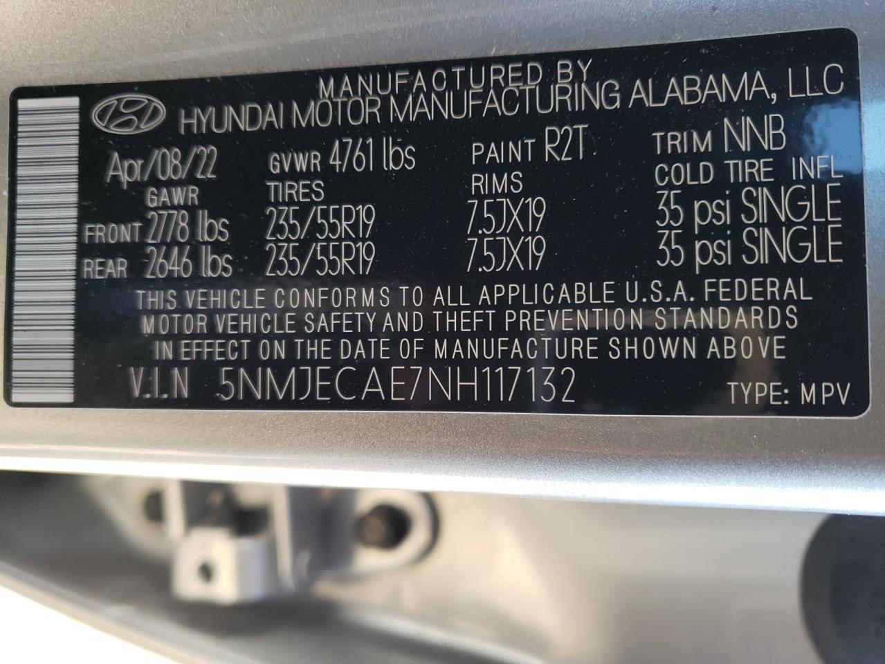 2022 HYUNDAI TUCSON LIMITED VIN:5NMJECAE7NH117132