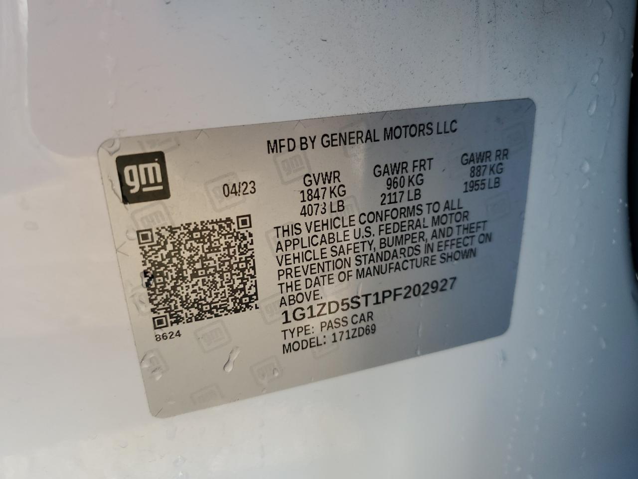 2023 CHEVROLET MALIBU LT VIN:1G1ZD5ST1PF202927