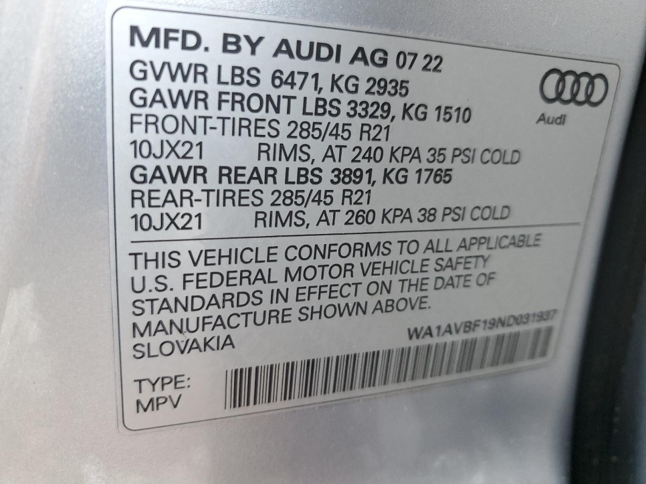 2022 AUDI Q8 PREMIUM VIN:WA1AVBF19ND031937