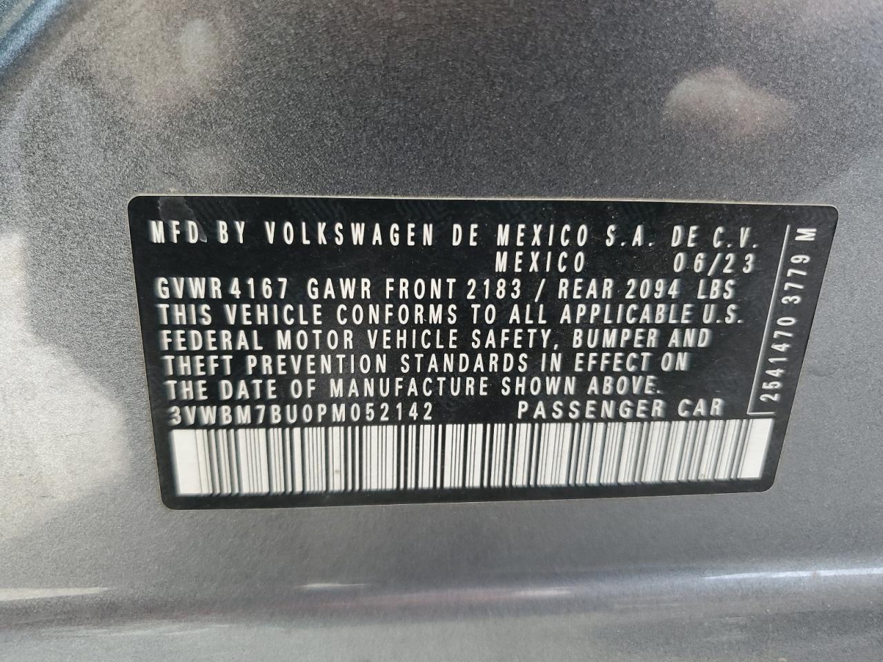 2023 VOLKSWAGEN JETTA SPORT VIN:3VWBM7BU0PM052142
