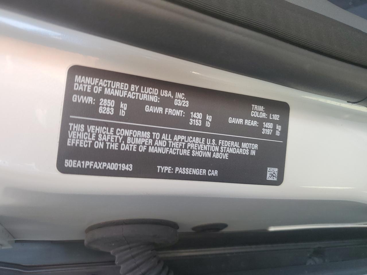2023 LUCID MOTORS AIR PURE VIN:50EA1PFAXPA001943