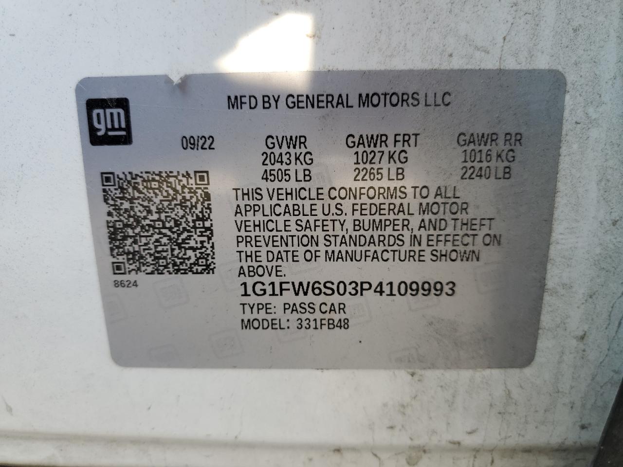 2023 CHEVROLET BOLT EV 1LT VIN:1G1FW6S03P4109993