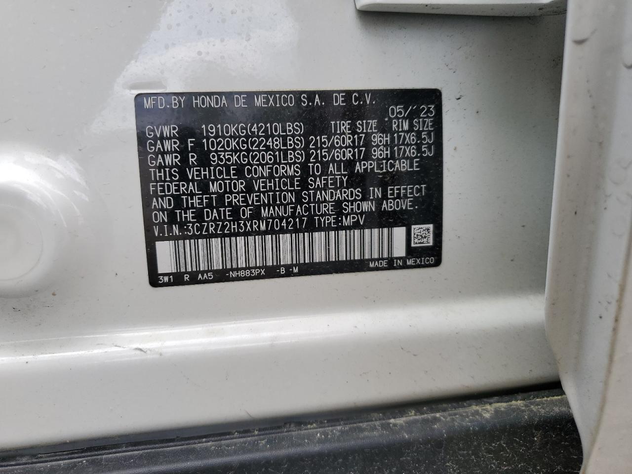 2024 HONDA HR-V LX VIN:3CZRZ2H3XRM704217