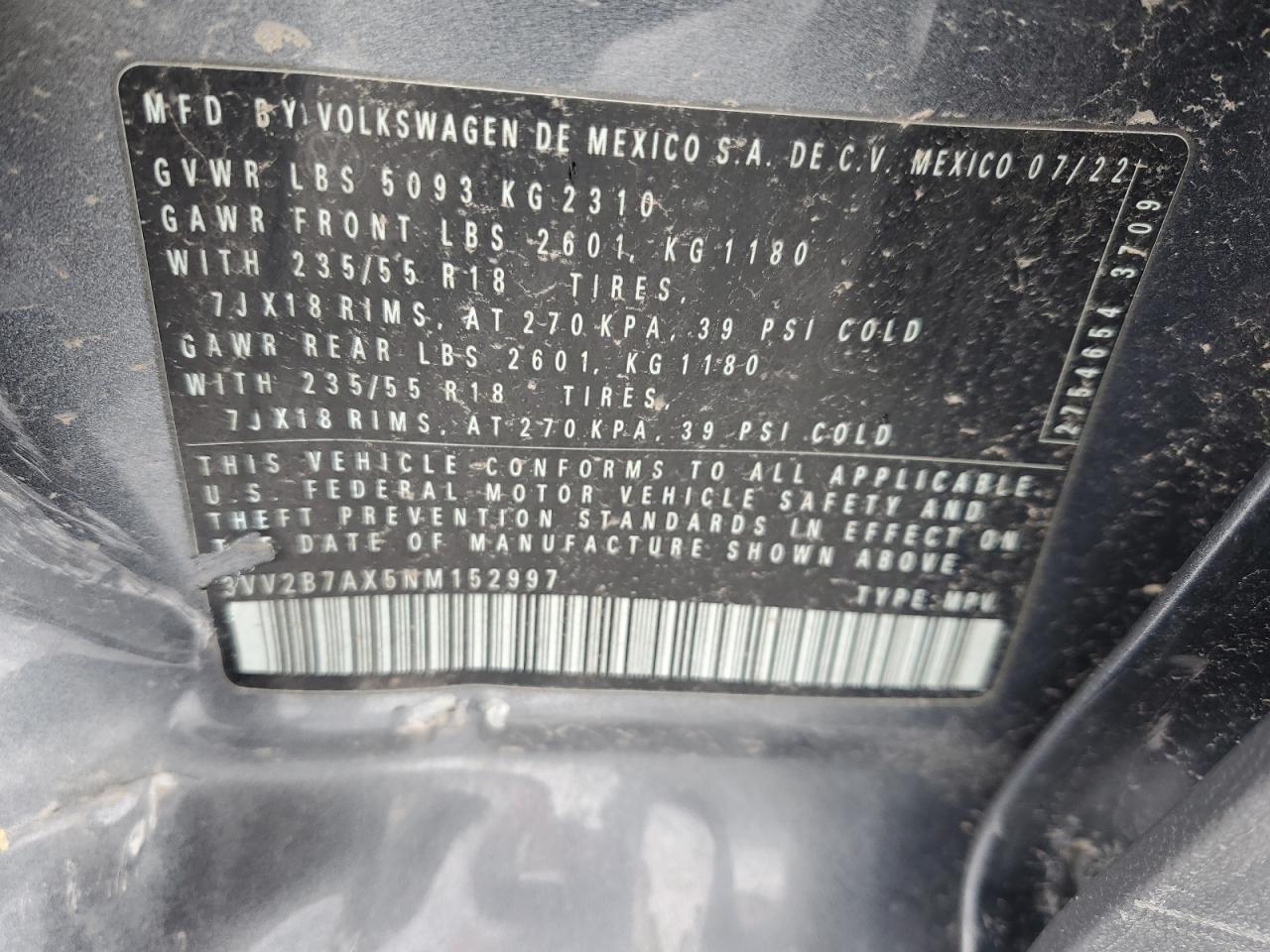 2022 VOLKSWAGEN TIGUAN SE VIN:3VV2B7AX5NM152997