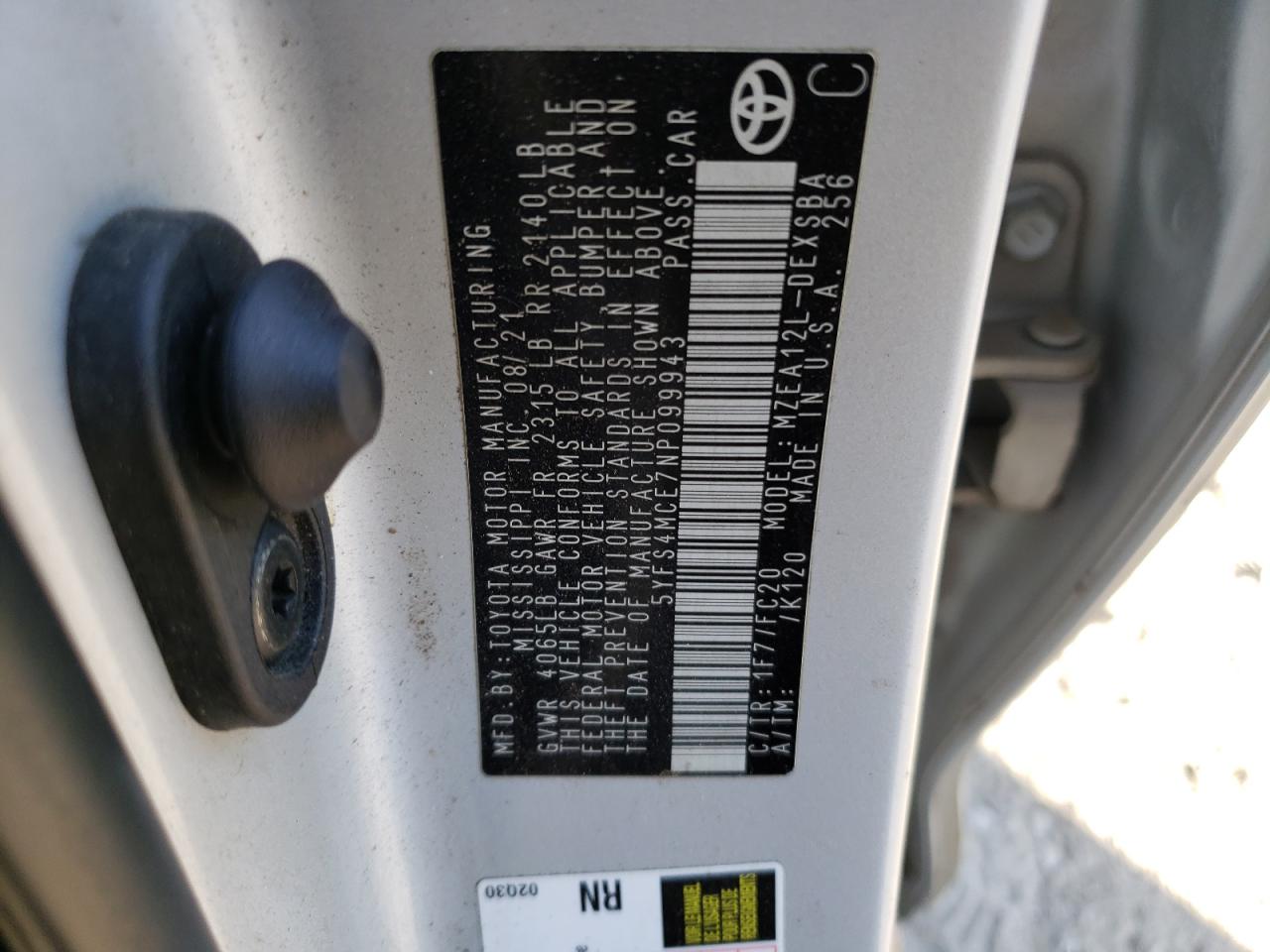 2022 TOYOTA COROLLA SE VIN:5YFS4MCE7NP099943